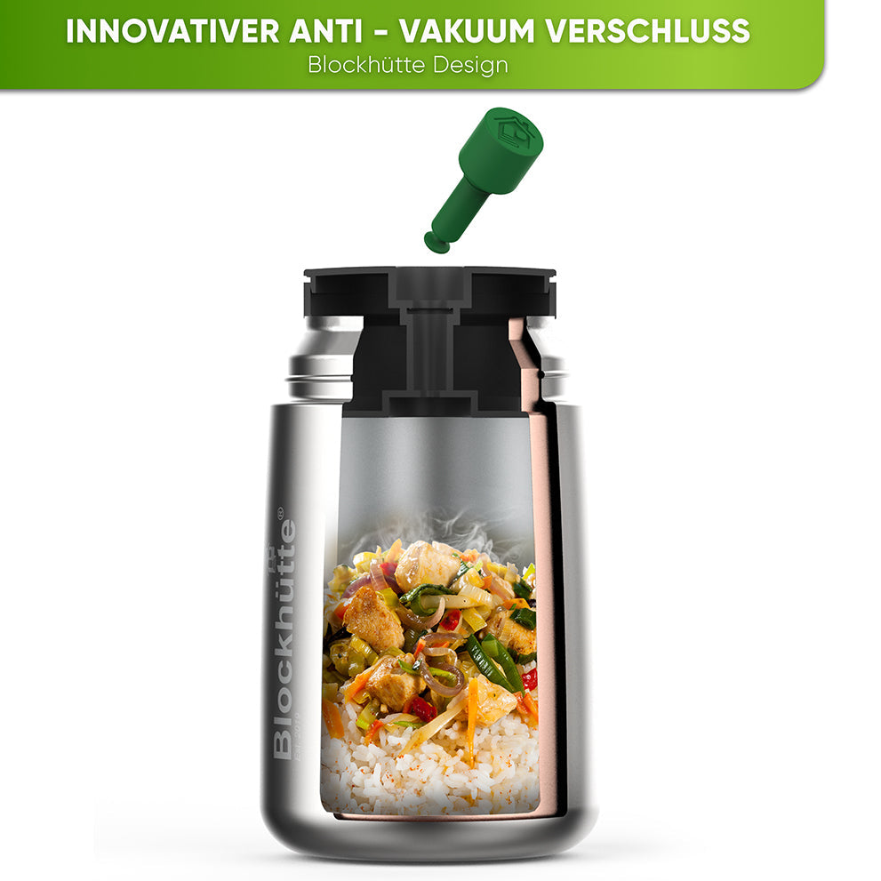 Edelstahl Thermobehälter mit Anti - Vakuum Stöpsel - Blockhütte - Thermo Lunchbox für Mittagessen und warme Speisen - thermobehälter baby wärmehalter box thermobecher babynahrung suppen thermoskanne thermolunchbox food thermos thermosspeisebehälter thermosbehälter thermos liewood thermodose thermo-lunchbox thermos thermobehälter essensbehälter auslaufsicher itslife thermobehälter lunchbox warmhaltebox thermos-lebensmittelbehälter